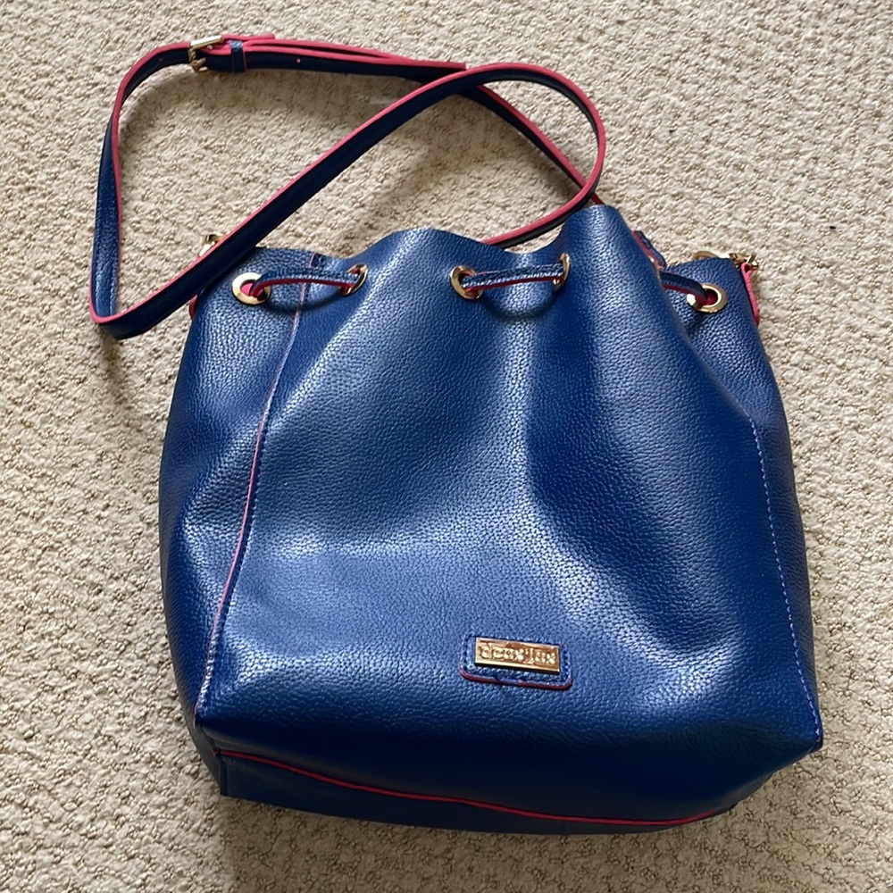 Deux Lux Navy blue with hot pink lining bucket bag with drawstring